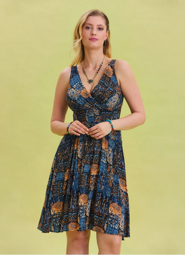 V Neck Robe Blue Ethnic Dress 4513
